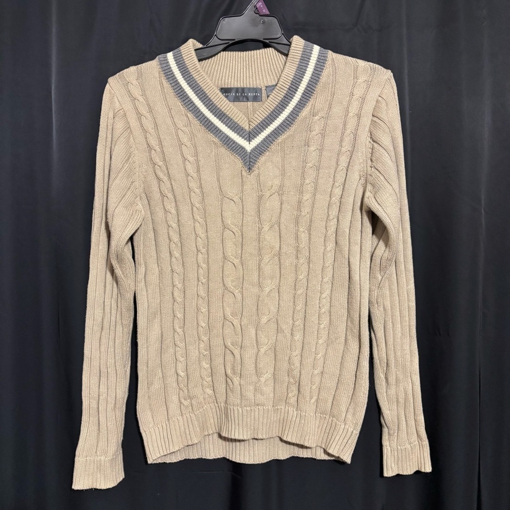 Oscar De La Renta 100% Cotton V-neck Cable Knit Sweater Long Sleeve size M youth